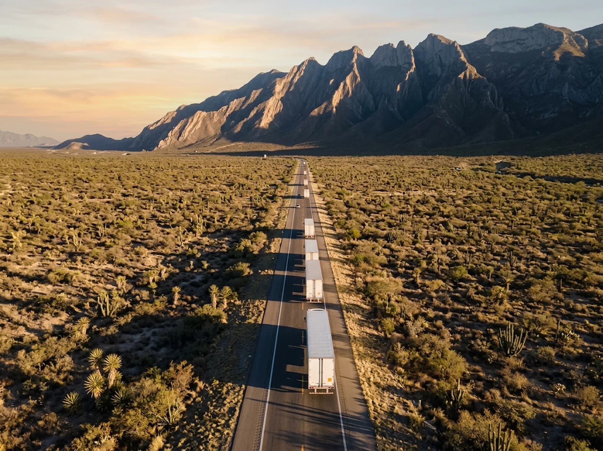 Tráileres blancos en convoy por la carretera del desierto rumbo a la Sierra Madre