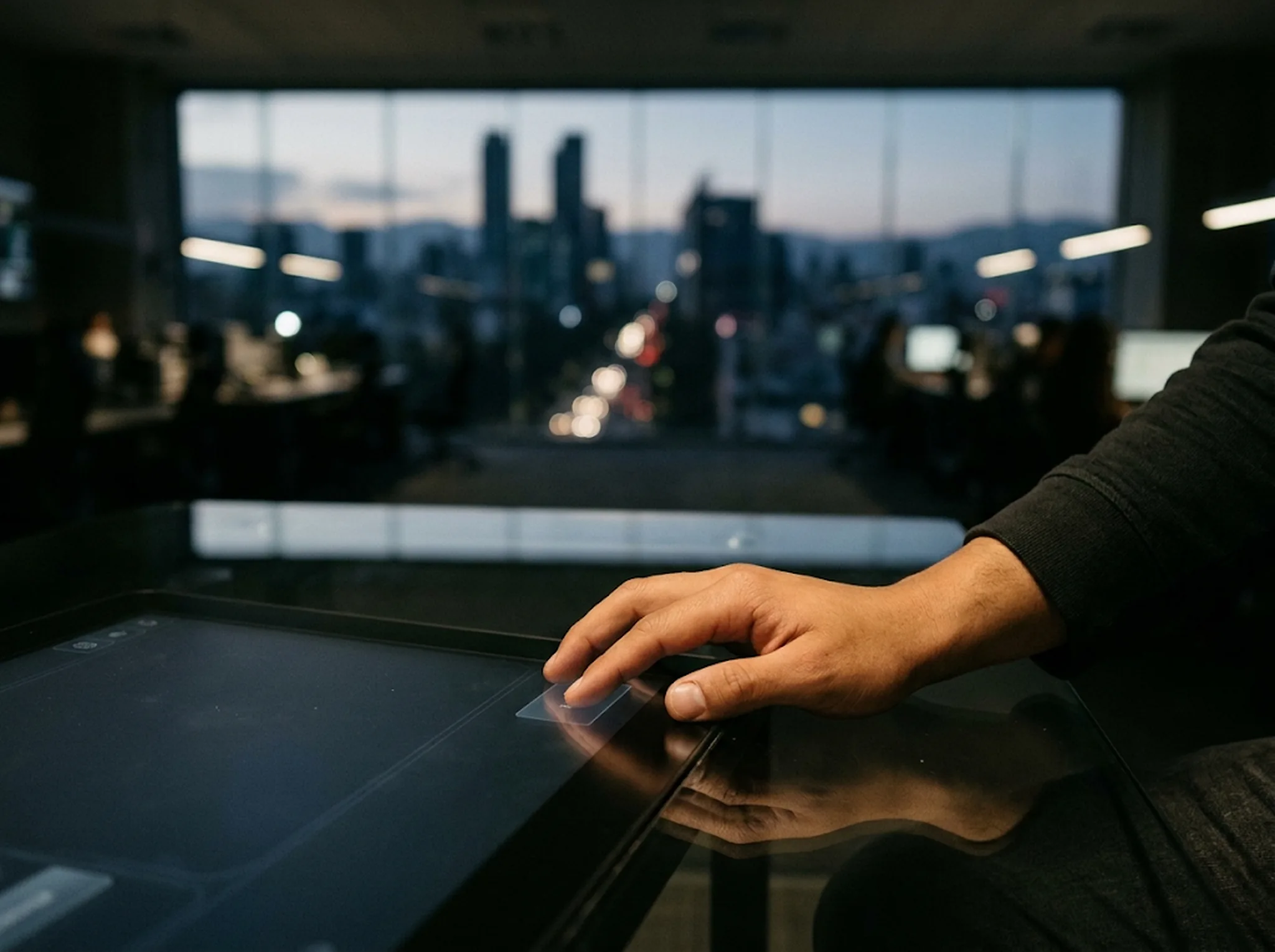 Una mano sobre una consola de vidrio a punto de aprobar, con la ciudad de fondo