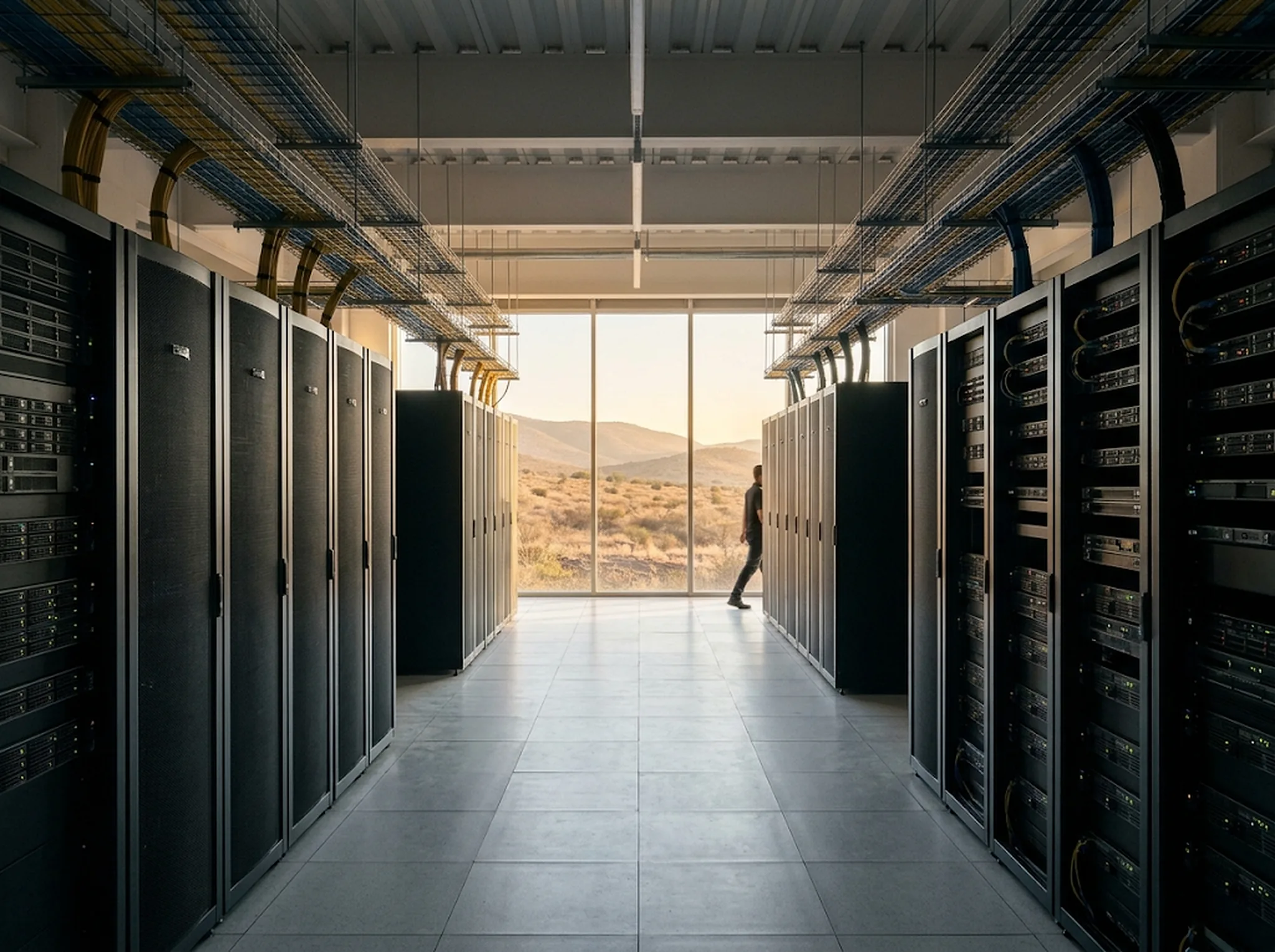 Pasillo de un centro de datos con un ventanal al fondo que da a los cerros del Bajío