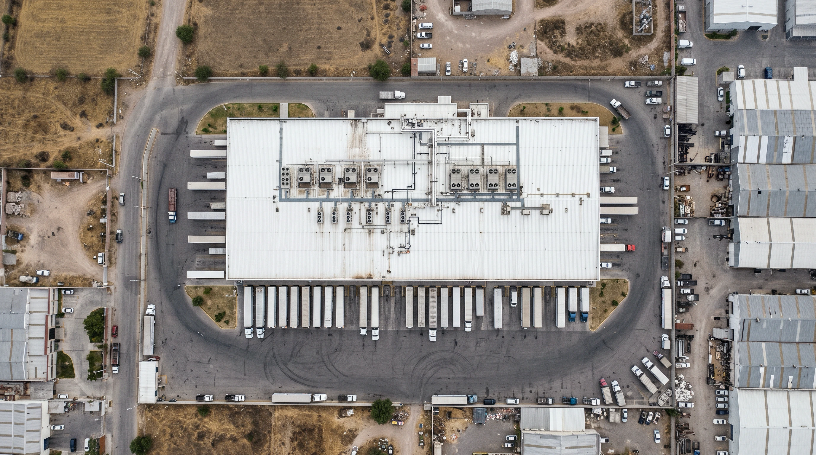 CEDIS refrigerado visto desde arriba, con equipos de clima en el techo y remolques en los andenes